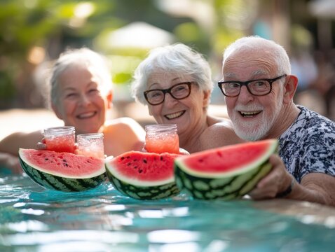 Happy Seniors Enjoying Watermelon and Drinks in a Pool - Powered by Adobe