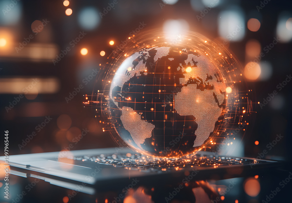 Wall mural a globe on top of an open laptop, with digital connections around it representing global connectivit