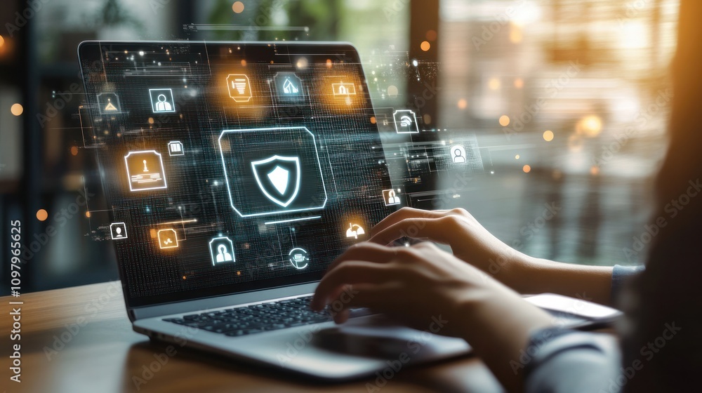 Poster a business professional analyzing data on a laptop, with various security icons like shields and loc