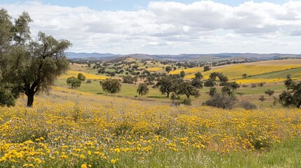 Fototapeta premium Rolling Hills Landscape With Yellow Wildflowers And Trees