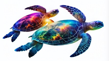Fototapeta premium Silhouette of Two Sea Turtles Swimming Gracefully in Ocean Waters on a Clean White Background, Ideal for Marine Life Themes and Conservation Awareness
