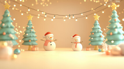 Obraz premium Vintage christmas frame with trees and snowmen on pastel background