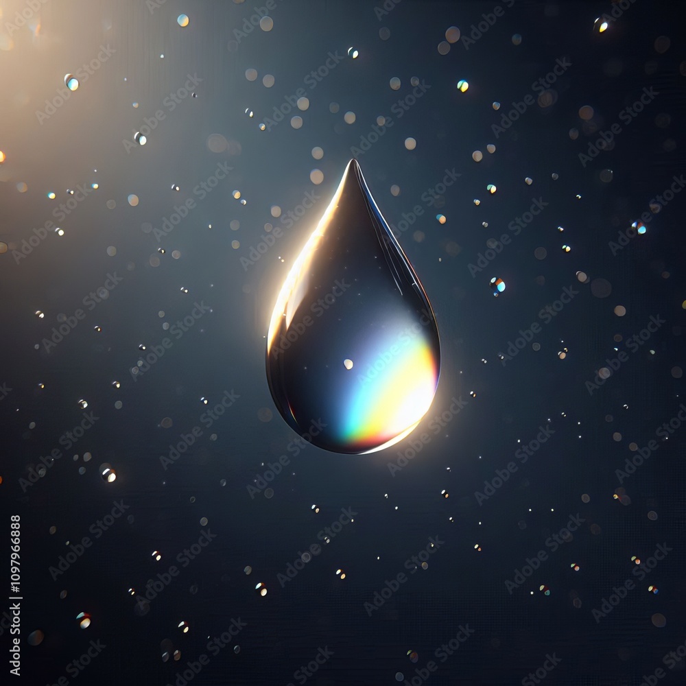 Poster A radiant water droplet hovers in mid-air against a dark background, illuminated by soft, glowing light and surrounded by tiny sparkling particles, creating a dreamy atmosphere.. AI Generation