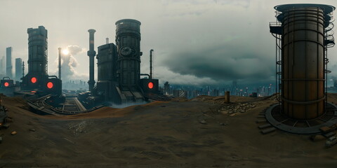 Obraz premium Full 360 degrees seamless spherical panorama HDRI equirectangular projection of A post-apocalyptic wasteland. Texture environment map for lighting and reflection source rendering 3d scenes.