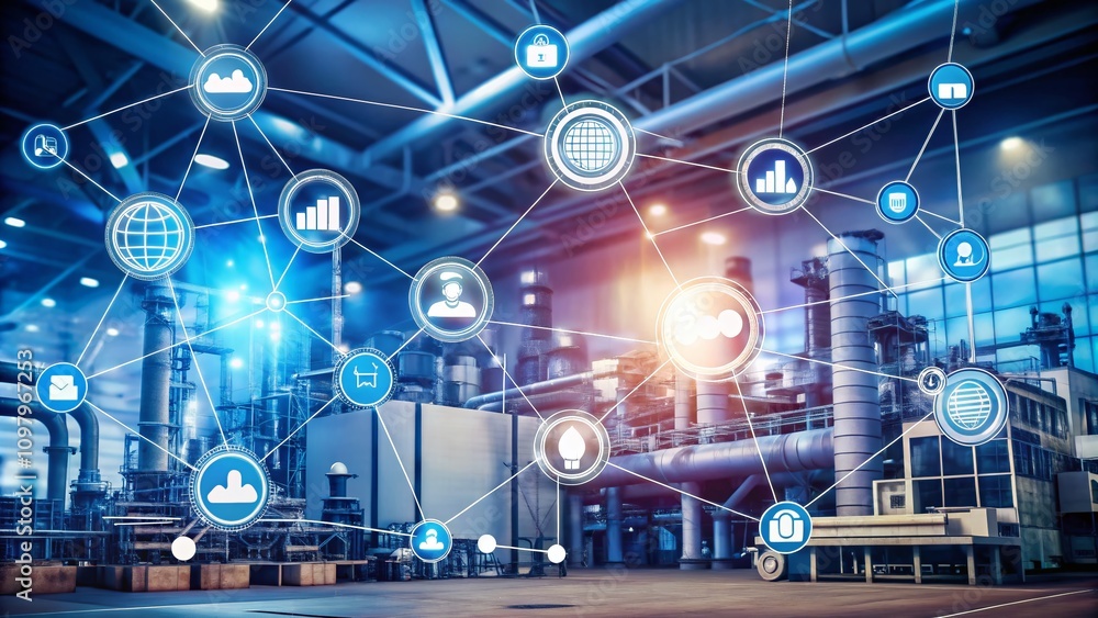 Poster smart factory concept illustrating industry 4.0 with connected icons representing automation, machin