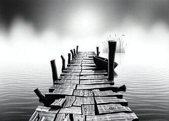 Obraz premium Tranquil wooden pier extending into misty waters at dawn with a small boat gently resting nearby