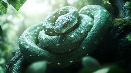 Fototapeta premium The Binding of the Dragon Ladon - snake, tree, wildlife, nature, animal, serpent, green snake, climbing snake, jungle, reptile, natural habitat, wildlife photography, tree snake