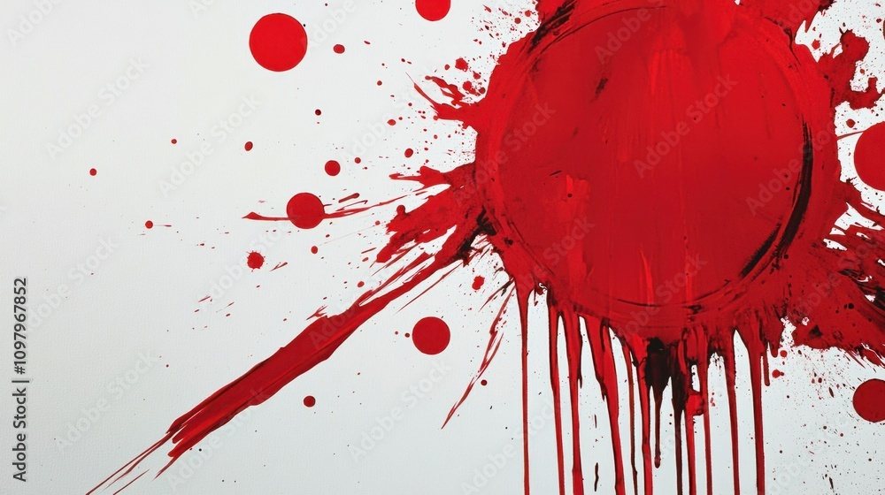 Poster bold red dripping ink circles creating dynamic splashes on a plain white surface