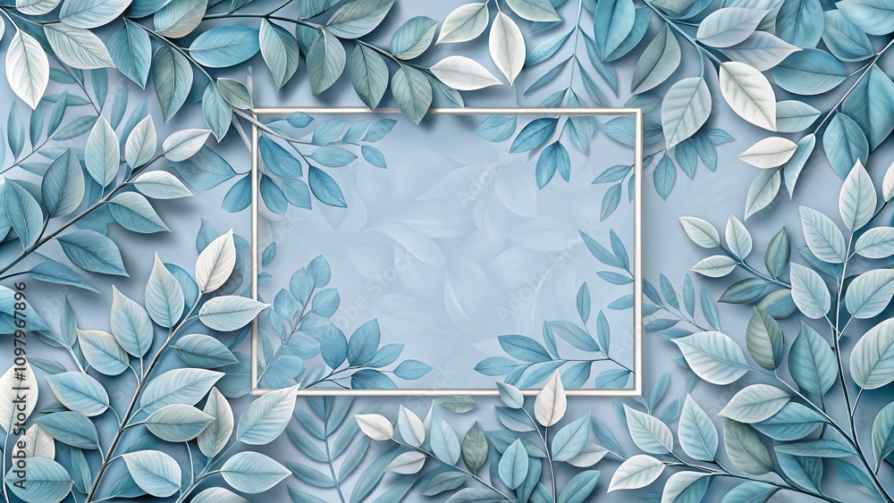 Poster soft blue leaf frame design for architectural photography - a seamless pattern background perfect fo
