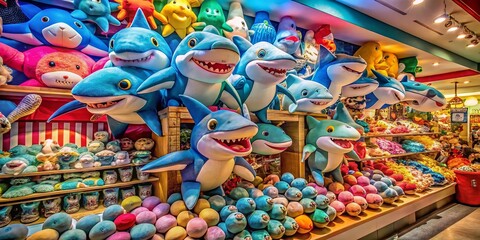 Obraz premium Soft Toy Shark Display: A Charming Urban Exploration of Colorful Plush Toys in a Whimsical Store Setting Filled with Joyful Childhood Memories and Nostalgic Vibes