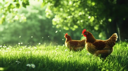Fototapeta premium Hens in sunlit meadow.