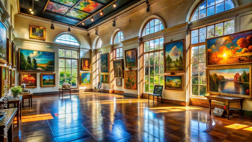 Poster spacious art gallery with bright natural light showcasing diverse paintings in various styles and si