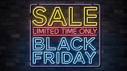 Fototapeta premium Stylish Black Friday Sale Design Featuring Neon Light Illustrations Glowing Brightly on a Classic Brick Wall Background, Perfect for Promotions