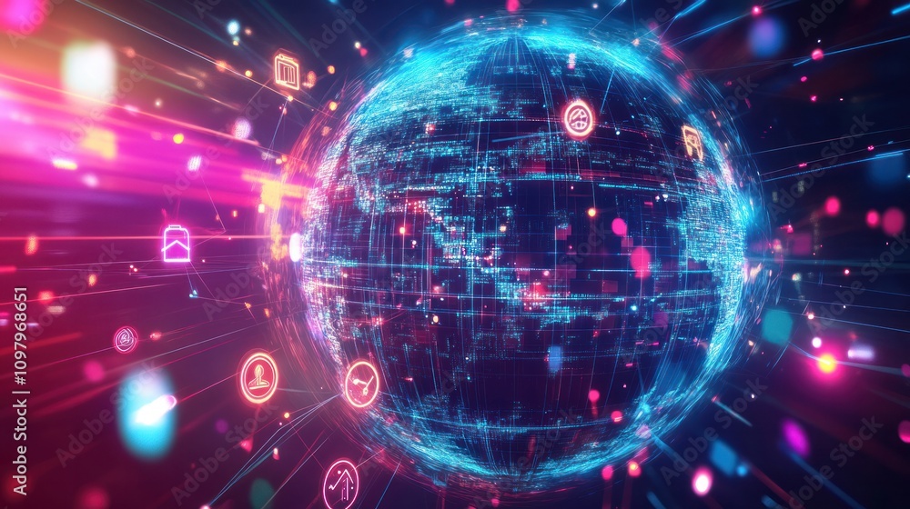 Poster a network of glowing search icons orbiting around it, representing global internet connectivity. the