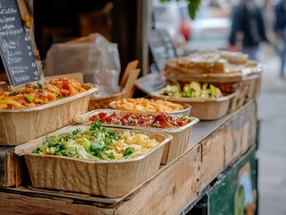 Eco-friendly street food packaging, promoting sustainability with biodegradable containers
