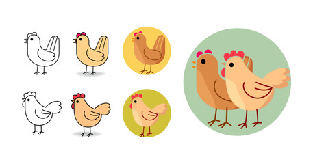 Fototapeta premium Set of chicken, hen simple line character flat style vector illustration. Isolated on white background.