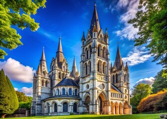 Obraz premium Spires of St Fin Barre's Cathedral in Cork: A Stunning Neo-Gothic Masterpiece Against a Cloudless Sky Showcasing Christian Architectural Beauty and Heritage in Ireland