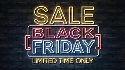 Fototapeta premium Stylish Black Friday Sale Design Featuring Neon Light Illustrations Glowing Brightly on a Classic Brick Wall Background, Perfect for Promotions