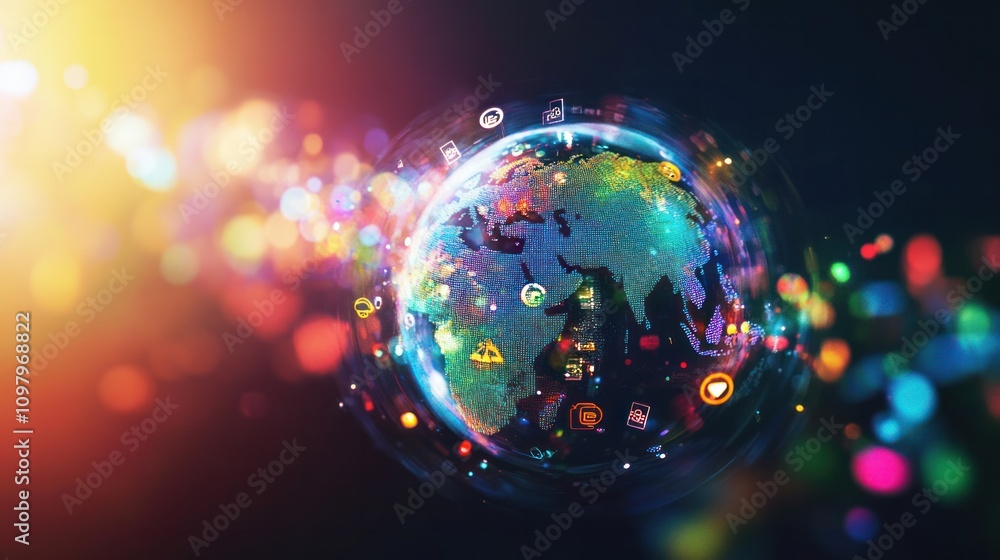 Poster a network of glowing search icons orbiting around it, representing global internet connectivity. the