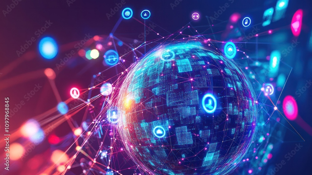 Poster a network of glowing search icons orbiting around it, representing global internet connectivity. the