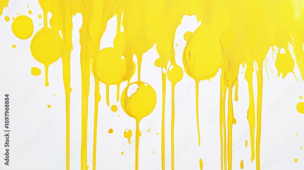 Poster bright yellow dripping ink circles overlapping slightly, creating a playful effect on a white backgr