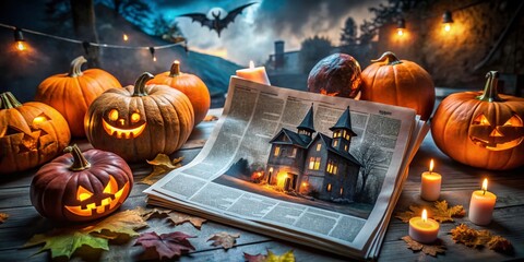 Spooky Halloween Newspaper Template Featuring Eerie Headlines, Creepy Illustrations, and Festive Colors for Seasonal Decorations and Themed Events