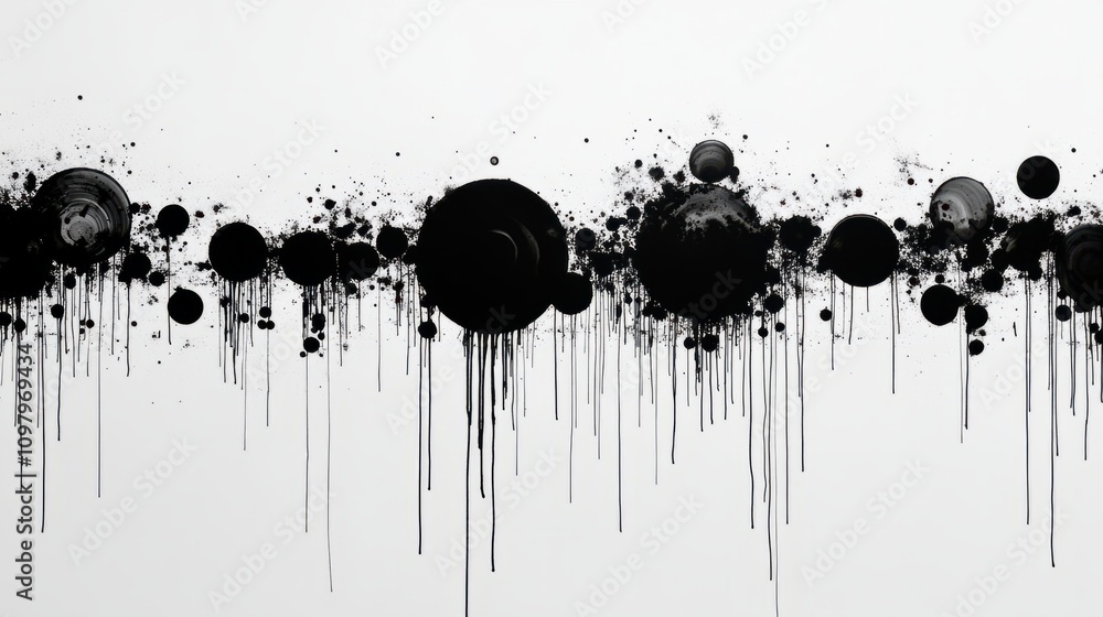 Poster dripping black ink circles forming interconnected patterns on a smooth white background