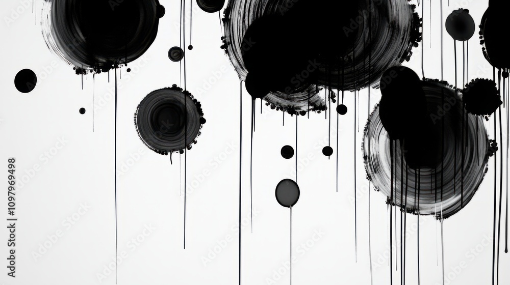 Poster dripping black ink circles forming interconnected patterns on a smooth white background