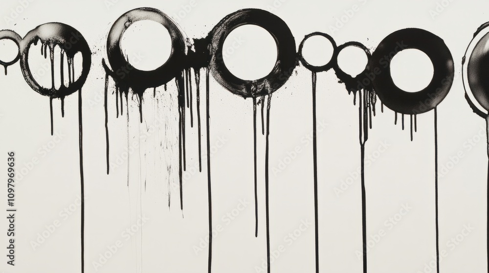 Poster dripping black ink circles forming interconnected patterns on a smooth white background
