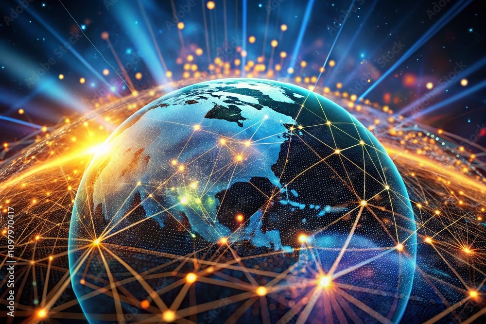 Poster stunning 3d particle earth surrounded by high-speed ray network technology representing big data con