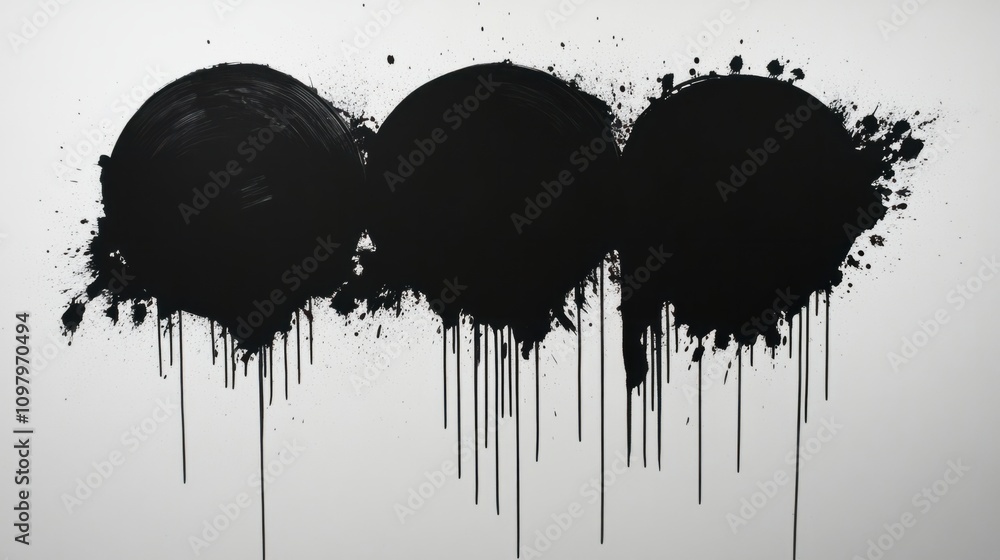 Poster large black dripping ink circles with bold edges and dynamic splatters on a plain white surface