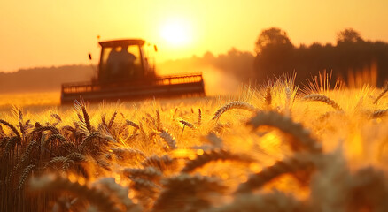 Fototapeta premium A header harvesting wheat golden hour, and the wheat is ripe and ready for harvest.