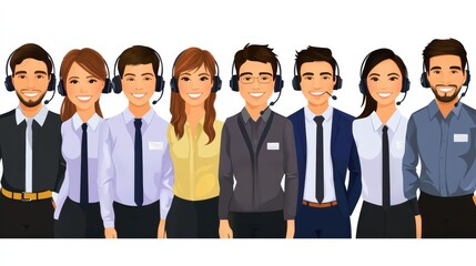 A diverse group of smiling individuals in professional attire with headsets, representing customer service.