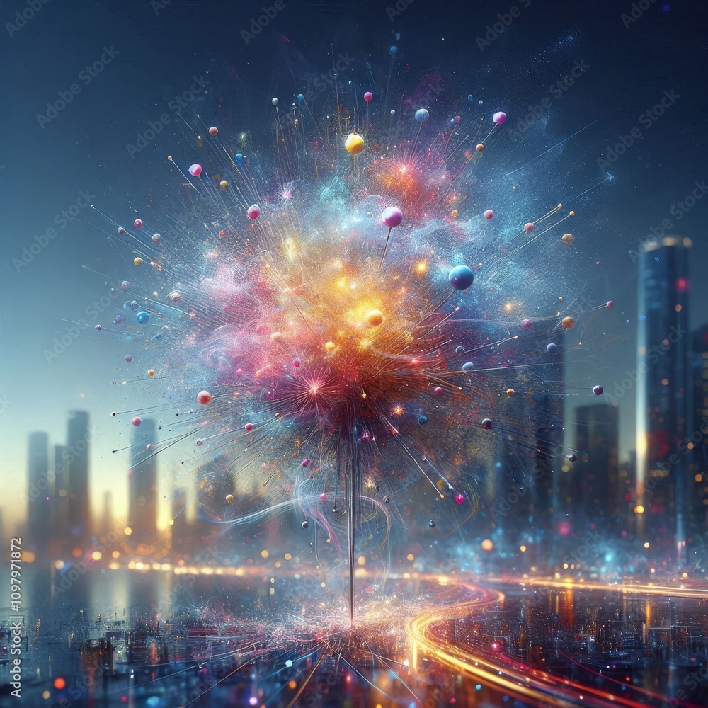 Poster a surreal display of vibrant, colorful particles exploding above a modern city skyline. the abstract