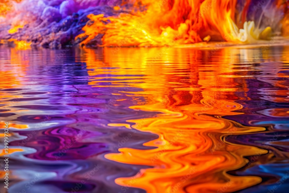 Poster stunning collision of purple and orange paint on a reflective water surface creating a vibrant abstr