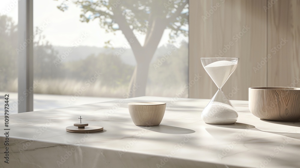 Poster an hourglass sits on a white table in front of a window with a tree and greenery outside.