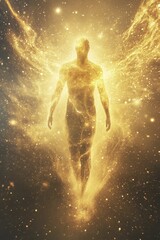 Fototapeta premium Golden figure emerges from cosmic dust.
