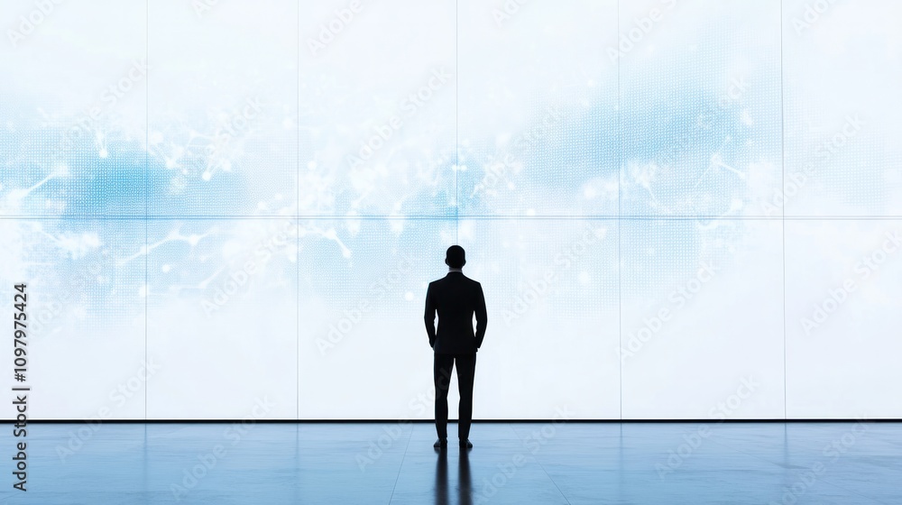 Poster confidently in front of a large digital screen displaying quantum ai models and analytics
