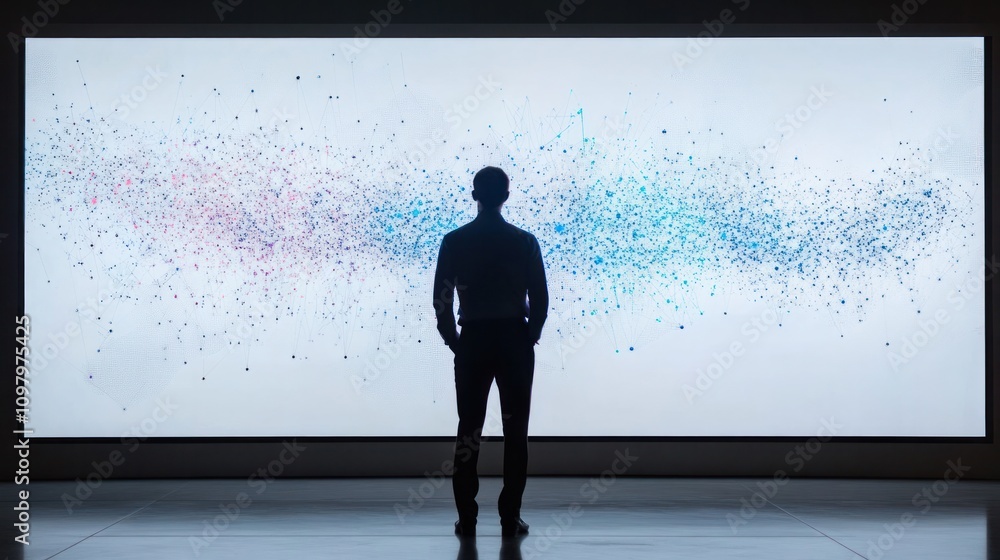 Poster confidently in front of a large digital screen displaying quantum ai models and analytics