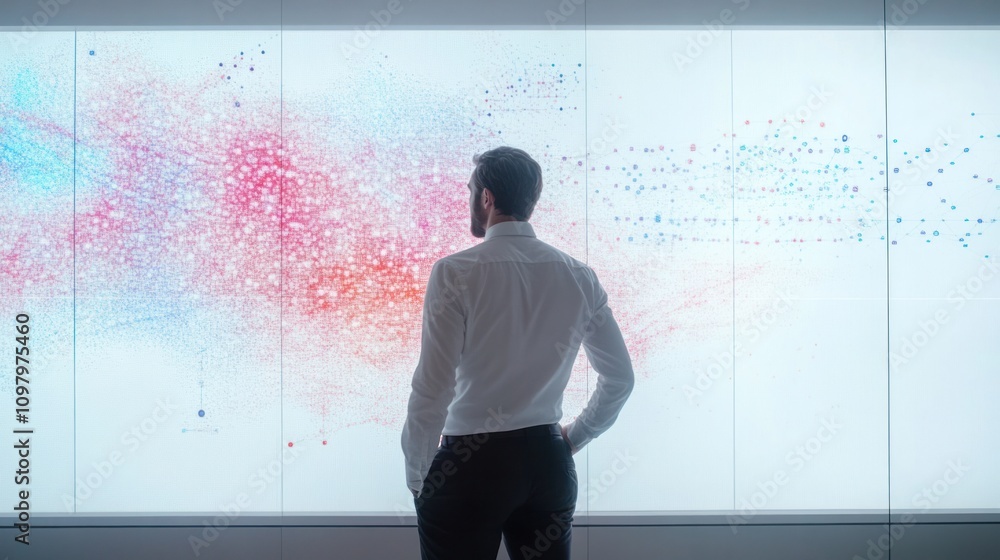 Poster confidently in front of a large digital screen displaying quantum ai models and analytics