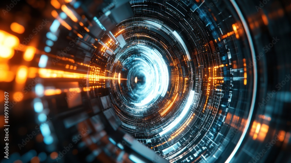 Poster showcasing a futuristic energy source, with intricate geometric patterns and glowing lines that illu