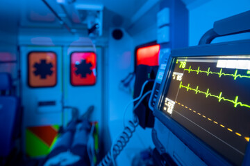 Selective focus on monitor of vital signs against patient on stretcher inside ambulance car of emergency medical service at night. Themes rescue, urgency and health care. .