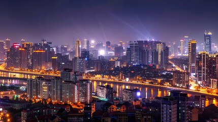 Naklejka premium Nighttime_city_high-rise_buildings_dim_night_scene