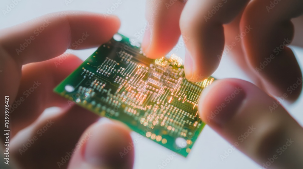 Poster engineer's hands working on a quantum chip, with intricate circuits and glowing components. the back