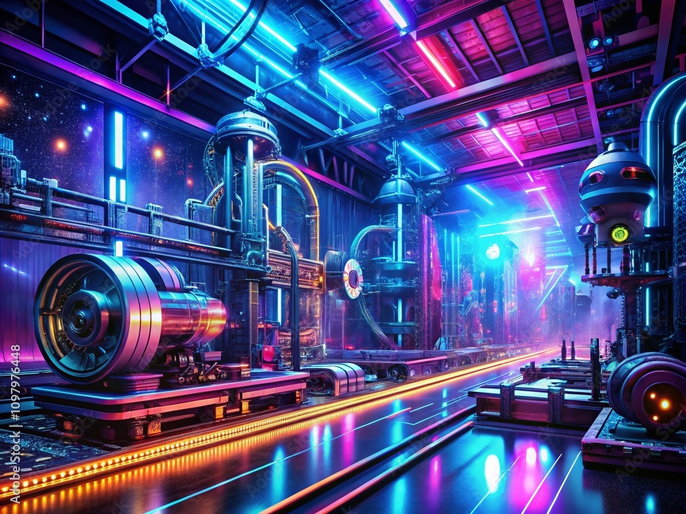 Poster stunning low light photography of a futuristic machine interface with neon glow and high-tech elemen