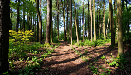 Obraz premium A sunlit path winds through a verdant forest, dappled with sunlight filtering through towering pines