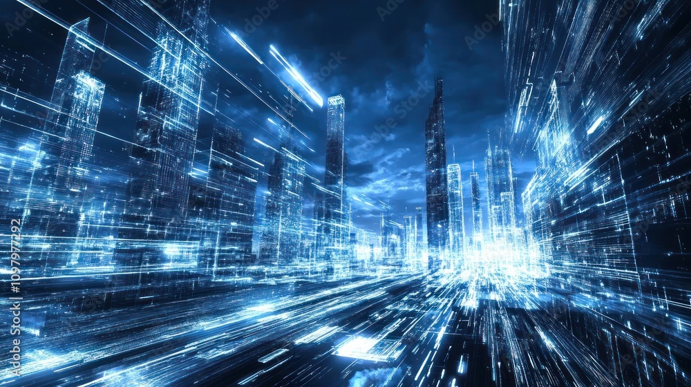 Poster futuristic cityscape digital data streams flowing