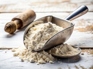 Fototapeta premium Organic Flour with Metal Scoop Isolated on White Background - Perfect for Baking, Cooking, and Healthy Recipes