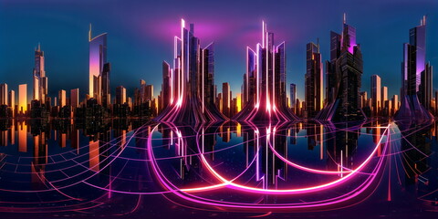 Full 360 degrees seamless spherical panorama HDRI equirectangular projection of A futuristic neon splashed metropolis. Texture environment map for lighting and reflection source rendering 3d scenes.	