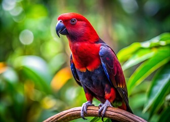 Obraz premium Stunning Portrait of a Vibrant Black and Red Parrot Perched on a Branch Amidst Lush Greenery Showcasing Its Colorful Feathers and Intricate Details in High Depth of Field